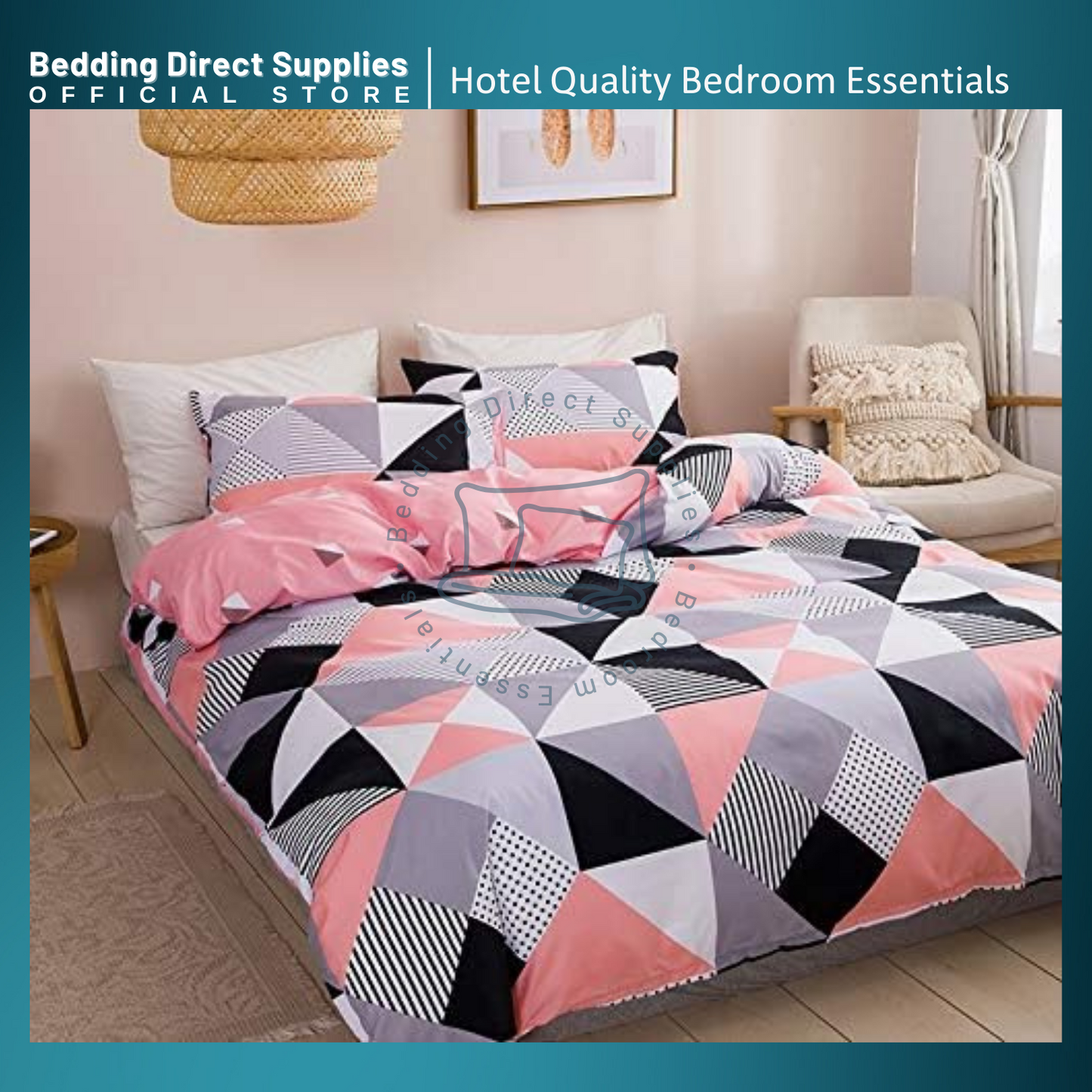 AIRISH, 3-in-1 Set Pink Geometric Premium Cotton (Bedsheet Set)